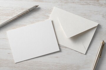 Blank note card and envelope on a light wooden surface with a pen