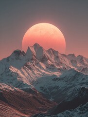 Fototapeta premium A stunning view captures a large sun setting behind towering, snow-covered mountains at dusk. The scene evokes tranquility and natural beauty.
