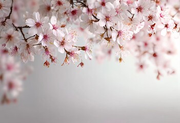 Delicate pink blossoms cascade against a soft gray backdrop