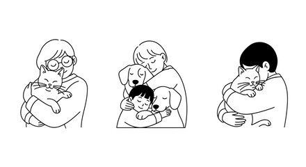 Heartwarming Line Art Depicting People Embracing Animals, Illustrating Love and Companionship