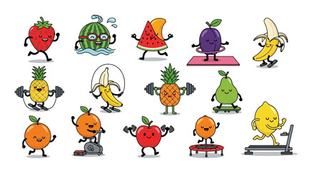 Cartoon Fruits Exercising Playful Fitness for a Healthy Lifestyle