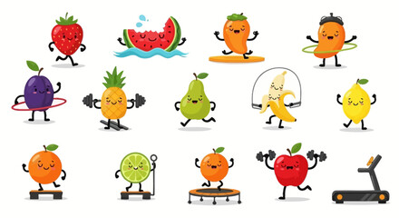Funny Fruits Exercising Cute Fruit Characters Doing Sports and Workout