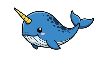 Cartoon Narwhal Character Illustration Adorable Blue Whale with a horn, Marine life, Sea Creature