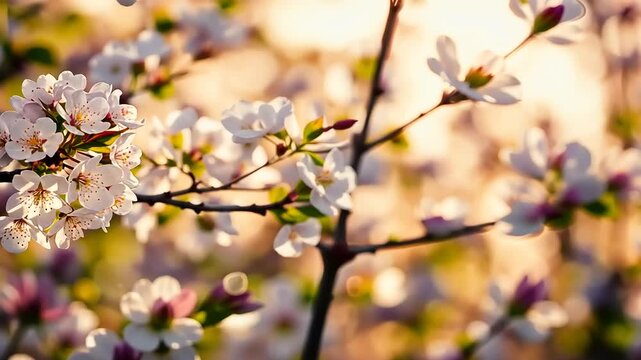 Close up of delicate cherry blossoms blooming in soft sunlight.