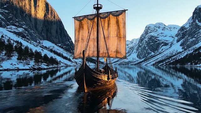 Voyage to the Silent Peaks A Majestic Viking Ship in a Norwegian Fjord
