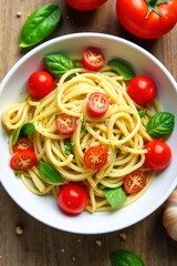 The transformation of raw ingredients into a healthy spaghetti dish, emphasizing freshness and natural goodness. An overhead studio shot showing a beautifully prepared bowl of healthy spaghetti.