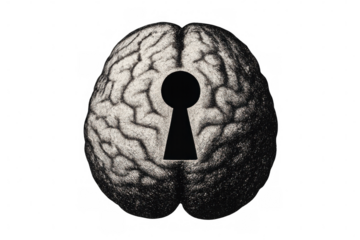 Brain with keyhole, representing concept of mind unlocking, memory access, psychological secret, or knowledge discovery