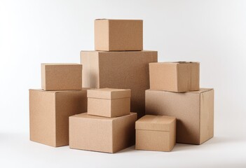 Obraz premium Stacked cardboard boxes against white background