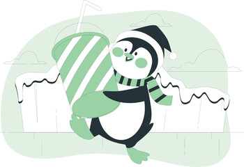 Cute cartoon penguin wearing a hat and scarf holding a large striped drink on an icy background animal