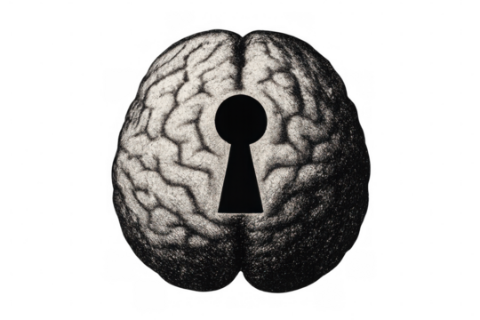 Brain with keyhole, representing concept of mind unlocking, memory access, psychological secret, or knowledge discovery