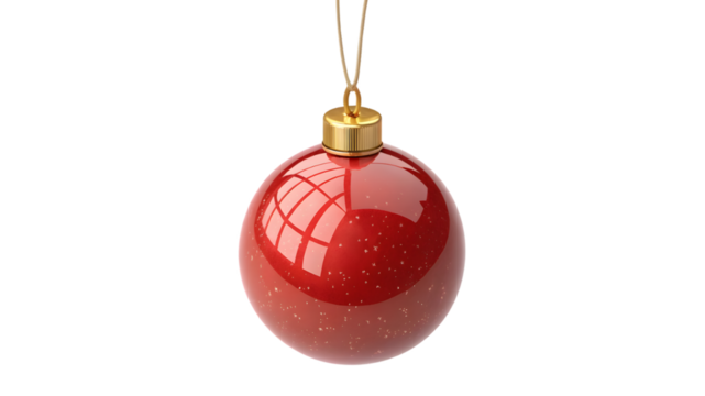 Shiny red oval christmas ornament with gold cap hanging against black background
