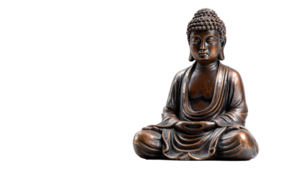 An isolated gold Buddha statue from Thailand, representing peace and spiritual zen, is a traditional Buddhist sculpture