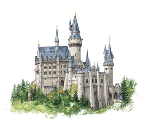 Fototapeta premium Enchanting Watercolor Castle Surrounded by Lush Greenery, A Fairytale Dream Come to Life