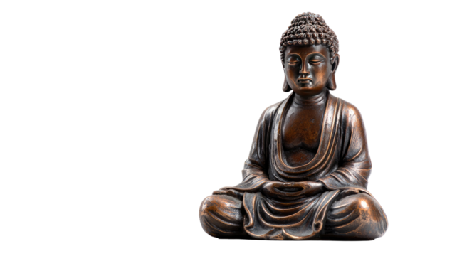 An isolated gold Buddha statue from Thailand, representing peace and spiritual zen, is a traditional Buddhist sculpture