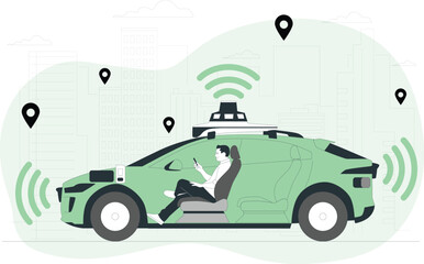 Autonomous car with passenger using smartphone in a city setting self-driving vehicle