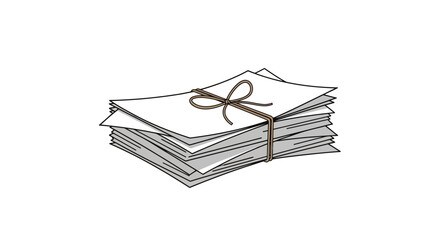 Sketch style illustration of a bundle of documents tied with a string. A symbol for paperwork, office administration, and data management tasks