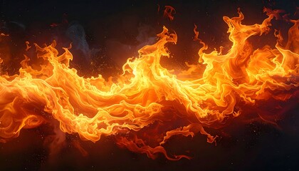 A mesmerizing, abstract artwork depicts a swirling mass of vibrant orange and yellow flames against a dark background