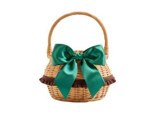 Wicker basket with green bow isolated on transparent background