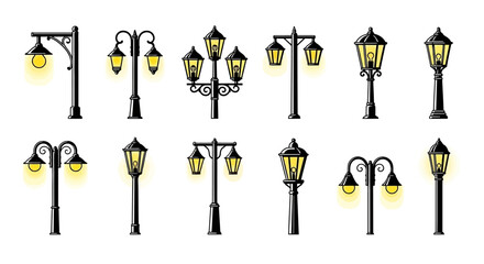 Collection of Classic Street Light Designs on White Background
