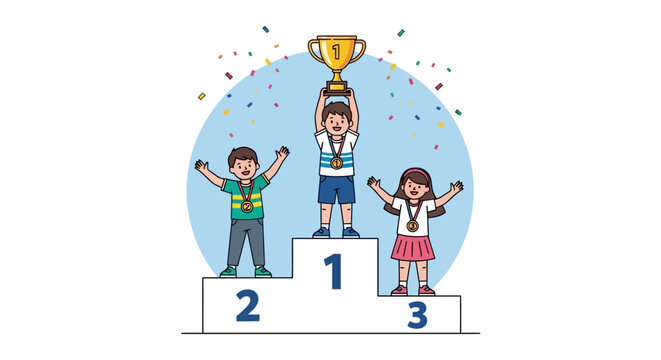 Joyful Kids Celebrate Victory on a Podium, Holding Trophy and Medals Amidst Confetti, Symbolizing Achievement, Success, and Childhood Triumph in a Festive Award Ceremony