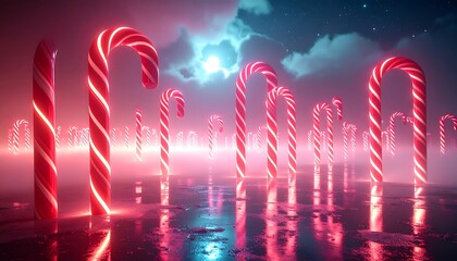 A surreal landscape of glowing red and white candy canes standing on a reflective surface under a cloudy, moonlit sky with pink and blue hues.