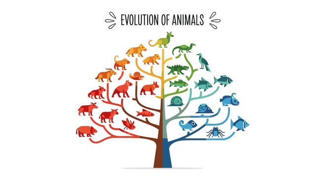 Conceptual illustration showing the evolutionary tree of life for various animal species, depicting biological divergence and phylogenetic relationships in a colorful and accessible diagram