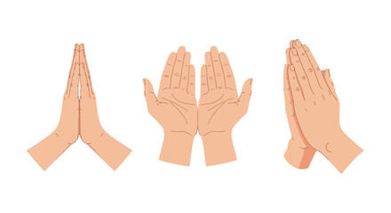 Set of diverse human hand gestures illustrating prayer, spiritual contemplation, respectful greeting, and open supplication, ideal for conveying devotion and mindful communication