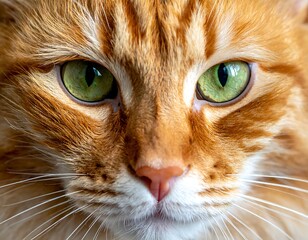 Close-up of a domestic cat's face with bright green eyes and orange fur