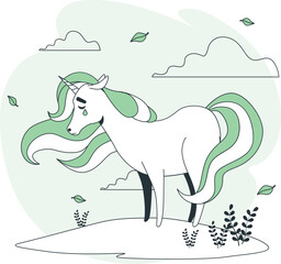 Sad unicorn with flowing mane and tail, crying, with leaves and clouds mythical creature