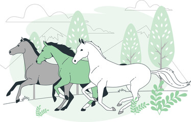 Three horses, grey green and white, running across a landscape with trees and mountains animals wildlife