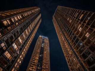 下から見上げたタワーマンションと夜空（夜景）