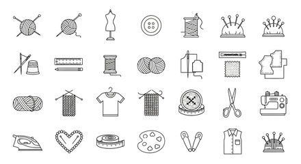 Set of sewing and crafting icons knitting, tailoring, embroidery, fabric, needle, thread, scissors, iron, thimble, measuring tape, buttons, sewing machine and more