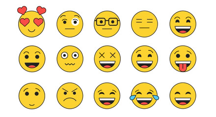 A diverse set of 15 yellow emoji illustrations portraying various emotions and facial expressions, ideal for digital messaging, social media, and graphic design