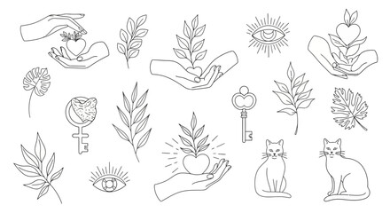 Elegant collection of mystical boho symbols in a fine line art style. Includes magical hands, celestial eyes, sacred plants, and enigmatic cats