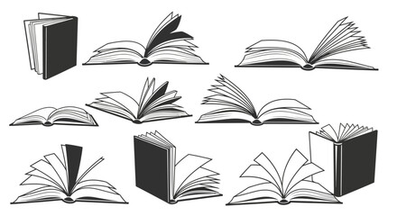 A dynamic collection of illustrated open books in various poses, perfect for educational or literary design elements