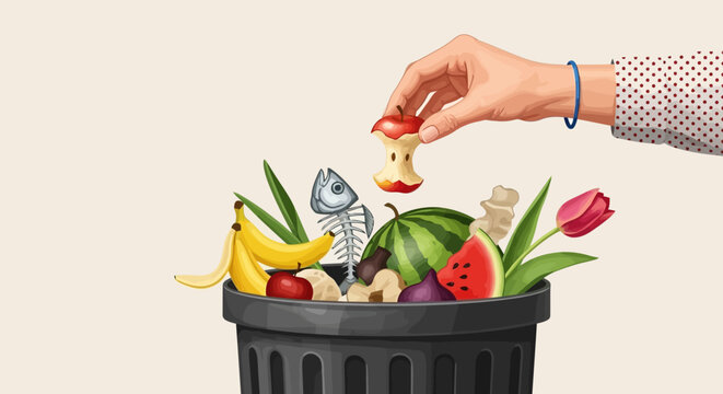 Illustrative depiction of food waste in a trash can with a hand discarding an apple core, symbolizing environmental concerns and disposal habits