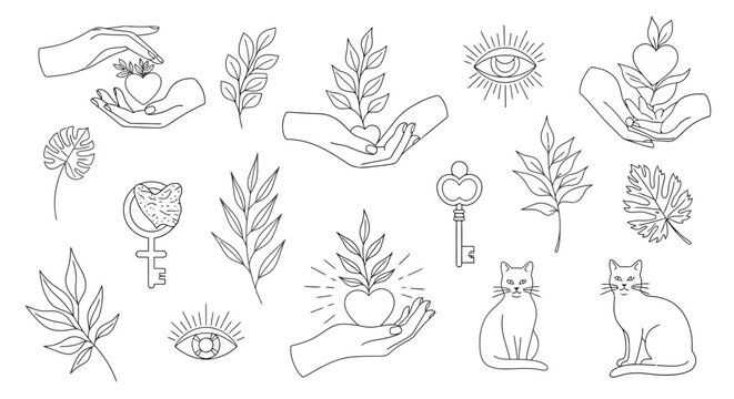Elegant collection of mystical boho symbols in a fine line art style. Includes magical hands, celestial eyes, sacred plants, and enigmatic cats