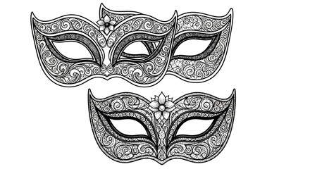Ornate monochrome drawing of mysterious Venetian masks with detailed filigree for a festive celebration