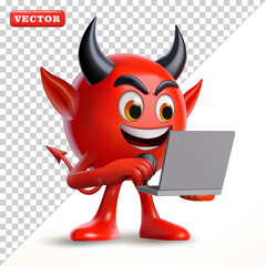 Cute devil using laptop, 3D vector. Suitable for technology and business