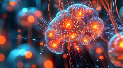 Microscopic view of glowing cells with intricate filaments creates a visually stunning and scientifically intriguing abstract background illustration