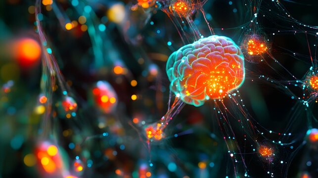 Glowing brain with neural network connections represents artificial intelligence and cognitive function in a futuristic digital landscape