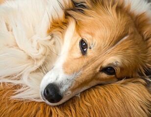 Close-up of a gentle, relaxed, golden and white coated dog