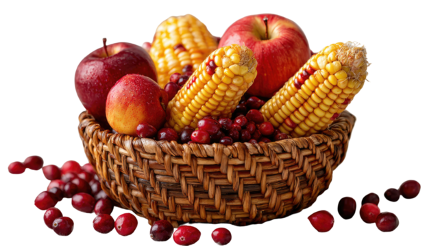 A wicker basket holds a variety of fresh, ripe apples in red, green, and yellow, suggesting healthy organic autumn fruit