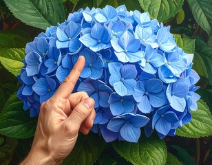 Close-up of a vibrant blue hydrangea flower with pointing finger