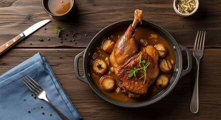 A gourmet dish of roasted duck leg confit with mushrooms in a savory gravy, served in a rustic skillet on a wooden table.