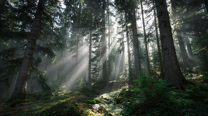 Sunbeams filter through a dense forest, illuminating mossy rocks and creating a magical, serene atmosphere for nature lovers and adventure seekers