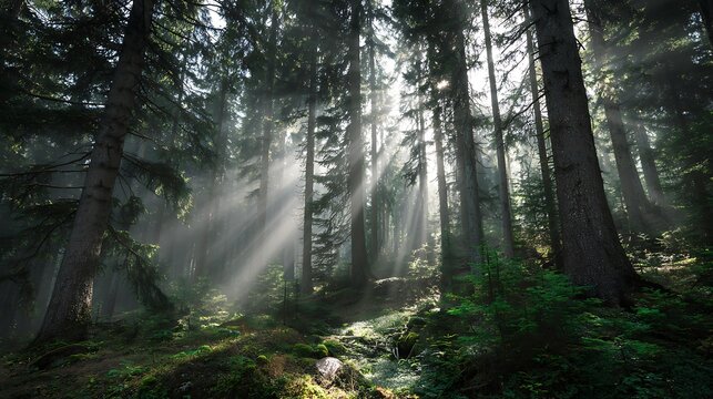 Sunbeams filter through a dense forest, illuminating mossy rocks and creating a magical, serene atmosphere for nature lovers and adventure seekers