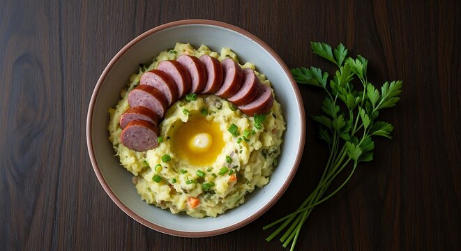 A hearty bowl of traditional Dutch stamppot with mashed potatoes, vegetables, sliced smoked sausage, and a pool of melted butter, garnished with fresh parsley.