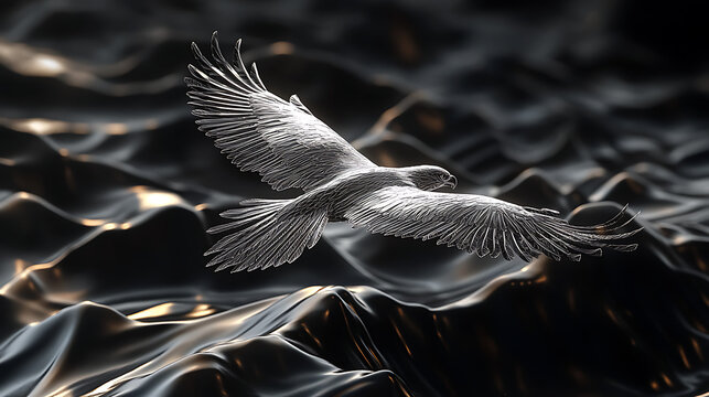 A silver eagle soaring above digital mountain terrain with laser-etched feathers 