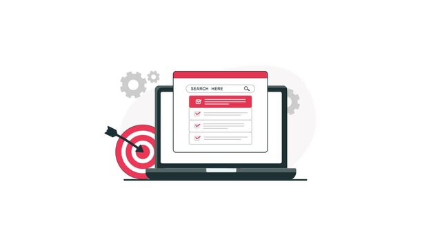 4k Laptop with Search Bar and Checklist. SEO and Goal Achievement Concept Animation Video 